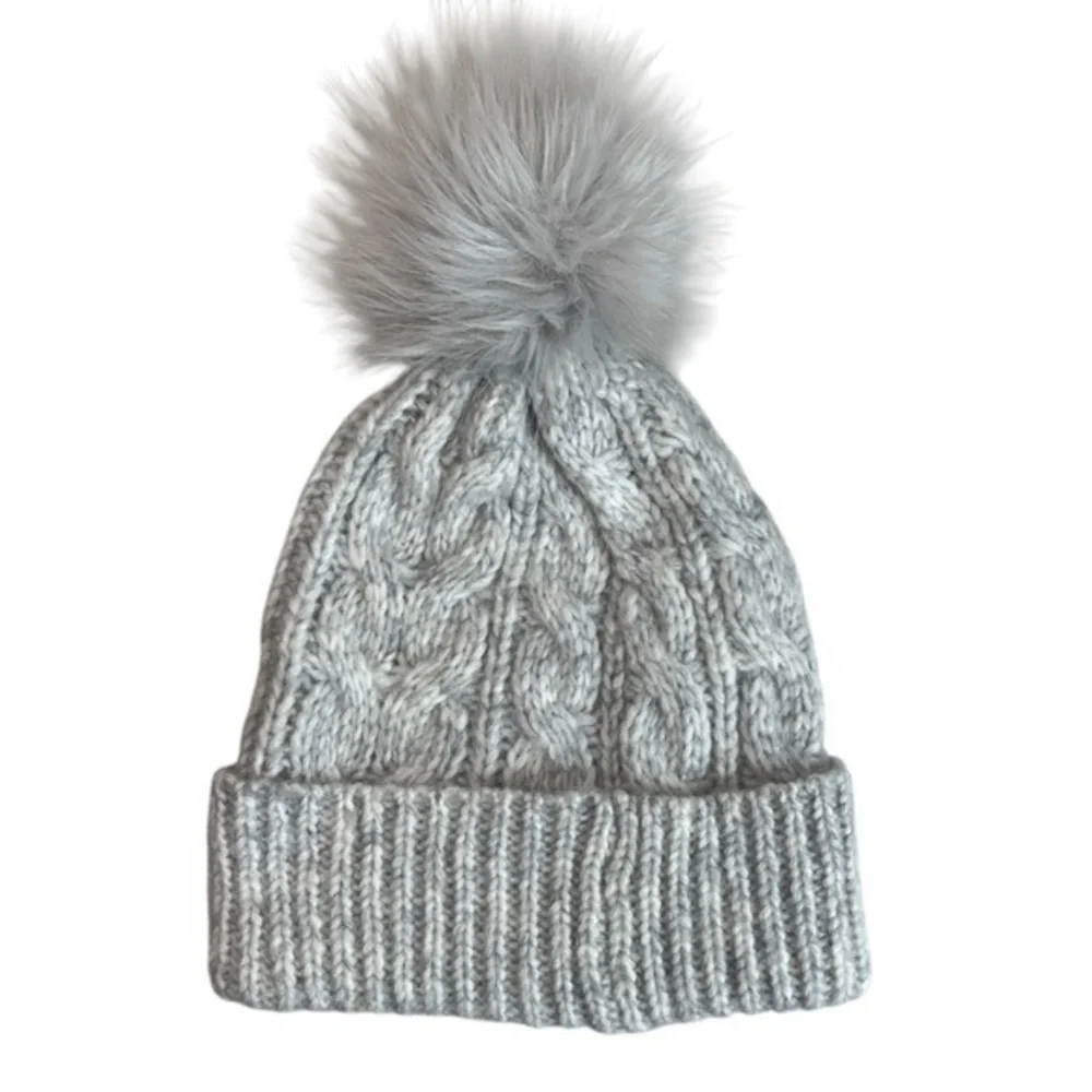LOFT Gray Cable Knit Pom Pom Beanie Faux Fur Winter Hat Cozy Cold Weather